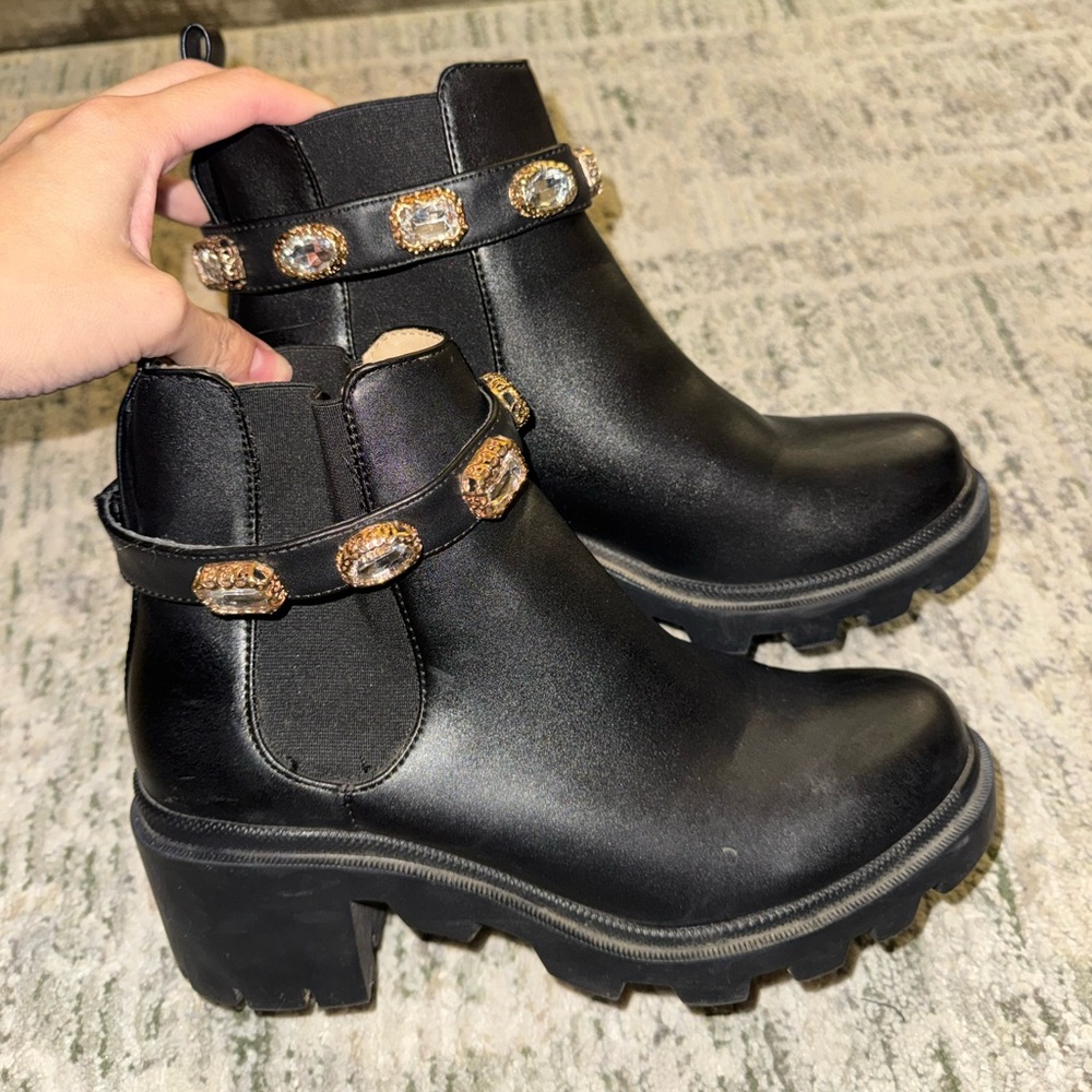 Black Ankle Boots with Embellished Strap